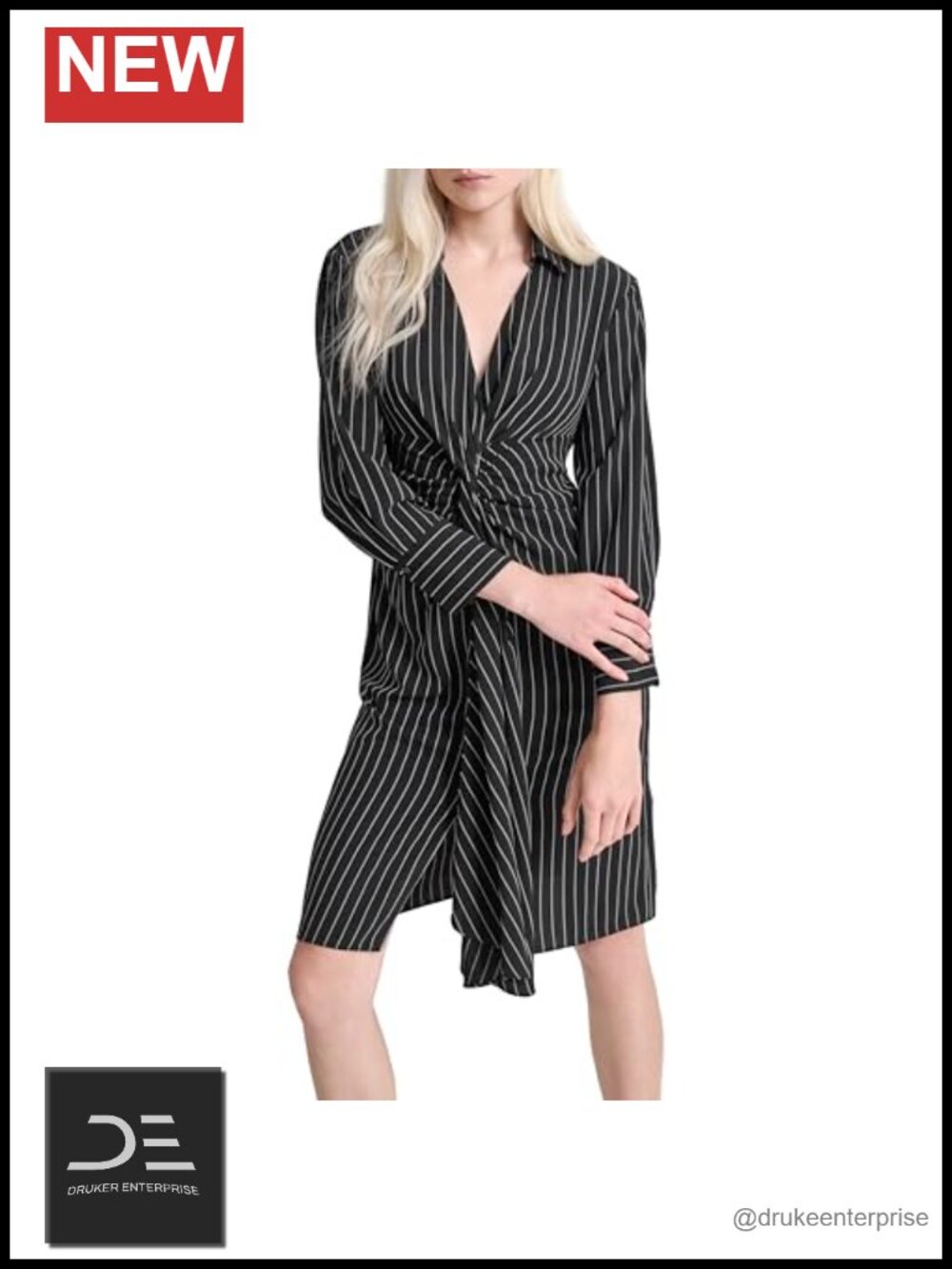 DKNY Long Sleeve Collared Knee Length Dress Twist Front Business Casual